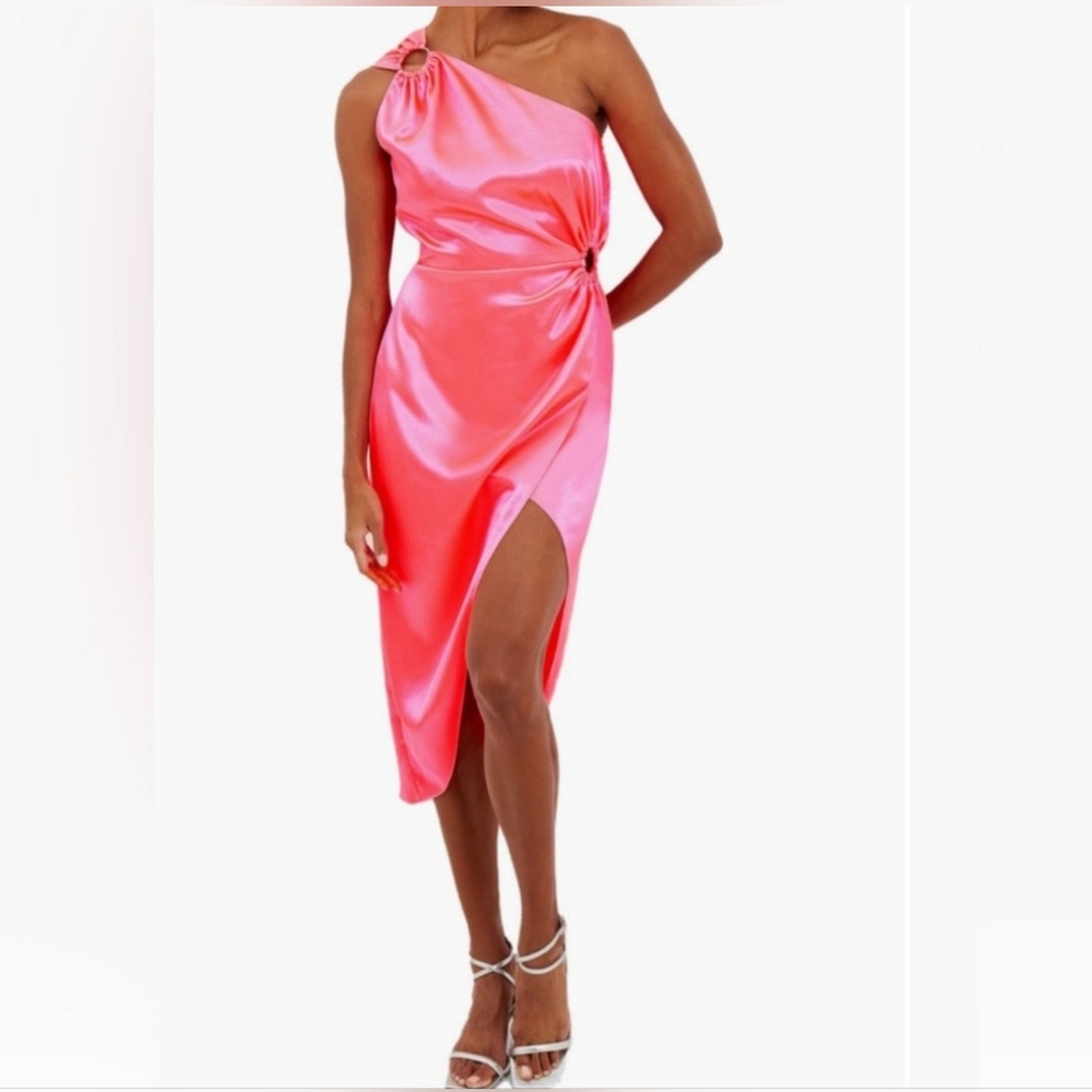 French Connection Adaline one shoulder Neon pink satin dress size 0 NWT